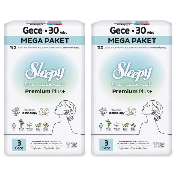 Sleepy Bio Natural Premium Plus Hijyenik Ped Mega Paket Gece 30x2 (60 Adet) - 2