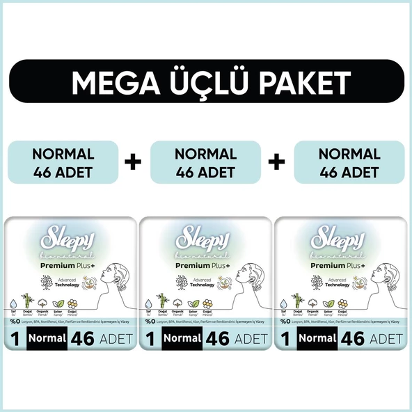 Sleepy Bio Natural Premium Plus Hijyenik Ped Mega Paket Normal 46x3 (138 Adet)