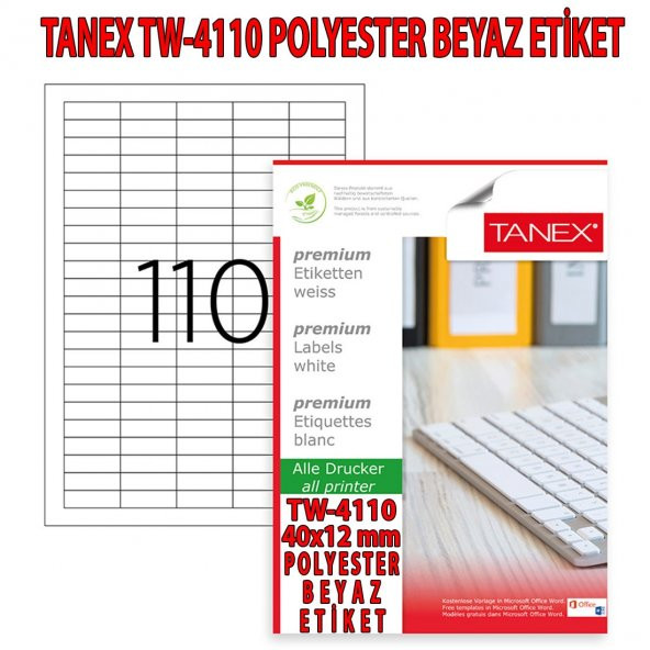 Tanex Tw-4110 Polyester Beyaz Laser Etiket 40x12mm 25 Syf/2.750 Ad./Pk.