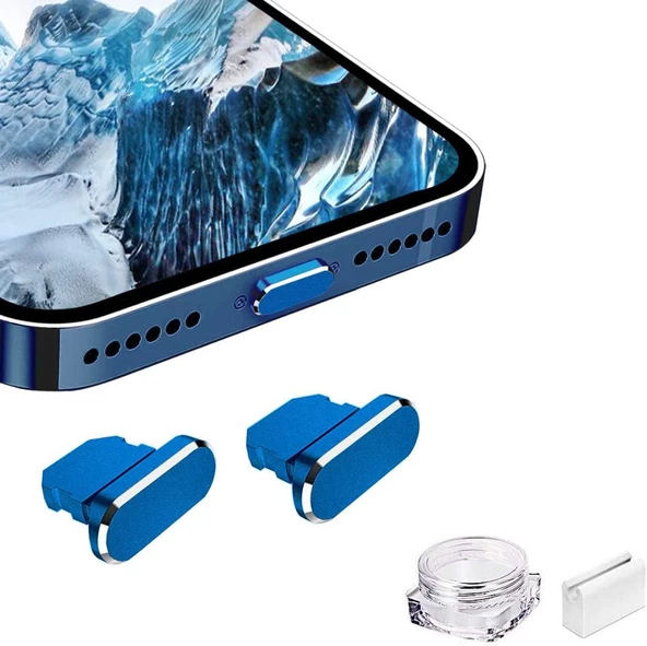 Metal Toz Önleyici Fiş iPhone 14 13 12 11 X XS XR 8 7 SE Mini Plus Pro Max iPad AirPods ile Uyumlu, 2'li Paket Yıldırım Şarj Portu Kapak Koruyucuları Fiş Tutucu ve Taşıma Kutusu (Mavi)