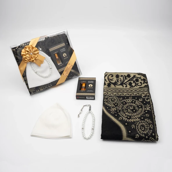 Takke + Esans + Tesbih +  Seccade Hediye Seti (Siyah) - 2