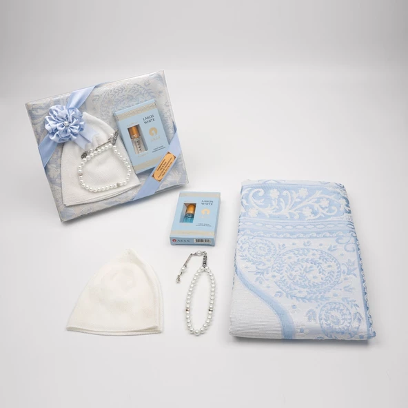 Takke + Esans + Tesbih + Seccade Hediye Seti (Mavi) - 2