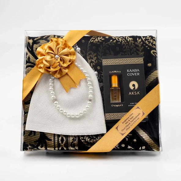 Takke + Esans + Tesbih +  Seccade Hediye Seti (Siyah)