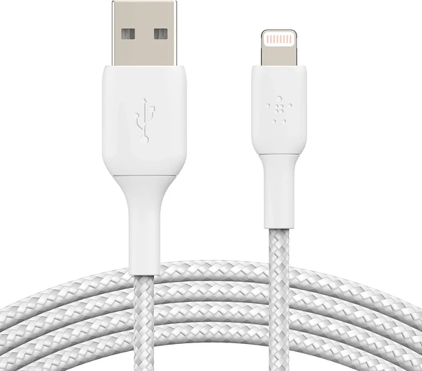 Örgülü Lightning Kablosu (iPhone, iPad, AirPods için Boost Charge Lightning/USB Kablosu) MFi Sertifikalı iPhone Şarj Cihazı, Örgülü Lightning Kablosu (2m, Beyaz)