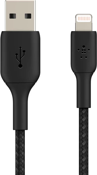 örgülü Lightning kablosu (iPhone, iPad, AirPods için Boost Charge Lightning/USB kablosu) MFi sertifikalı iPhone şarj kablosu, USB-A'ya örgülü Lightning kablosu, (1 m, siyah)