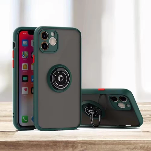 iring magnetic sheet case iphone 12 (6.1) inç ile uyumlu GGM GİYİM & AKSESUAR Renkli Tuşlu Manyetik Yüzüklü Business Kamera Korumalı TPU Kılıf (Yeşil)