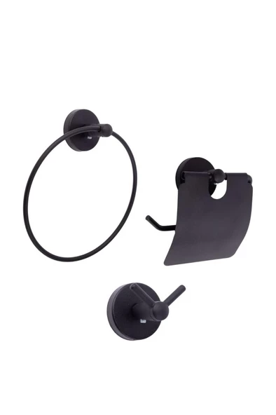 Vidalı Lavabo Banyo Wc Bez Havlu, Çatal Askı ve Tuvalet Kağıtlık 3'lü Set Siyah Metal - Resim 2
