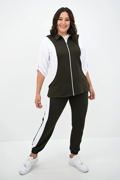 Kadın Büyük Beden Gömlek Yaka Fermuarlı Eşofman Takımı 8141-25 - 4