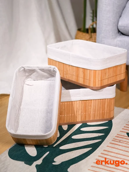 3'lü Bambu Sepet Doğal Astarlı Çok Amaçlı Saklama Kutusu, Pinterest Tarz Dikdörtgen Şekilli Bambu Sepet - 5