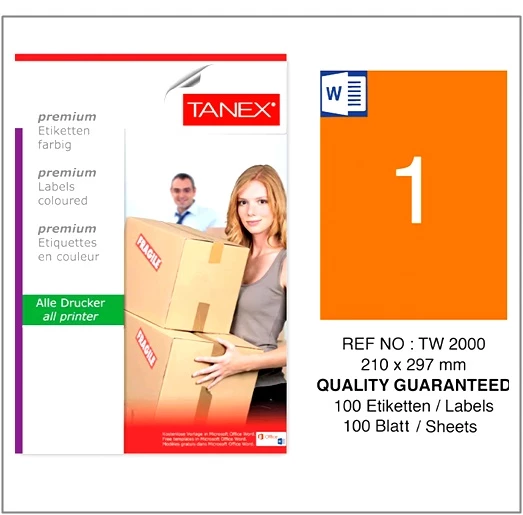 Tanex Etiket 210X297 100Lü Tw-2000 A4 Yapışkanlı Turuncu