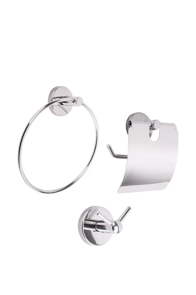 Vidalı Lavabo Banyo Wc Bez Havlu, Çatal Askı ve Tuvalet Kağıtlık 3'lü Set Krom Metal - 2
