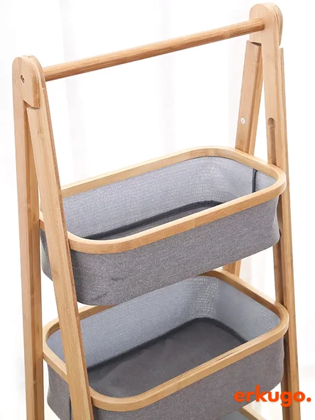 3 Katlı Bambu Katlanır Mutfak, Banyo Organizeri, Patates - Soğan Sepeti, Çamaşır Sepeti Ayaklı Depolama Rafı - 6
