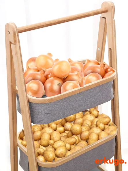 3 Katlı Bambu Katlanır Mutfak, Banyo Organizeri, Patates - Soğan Sepeti, Çamaşır Sepeti Ayaklı Depolama Rafı - 2