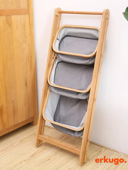 3 Katlı Bambu Katlanır Mutfak, Banyo Organizeri, Patates - Soğan Sepeti, Çamaşır Sepeti Ayaklı Depolama Rafı - 5