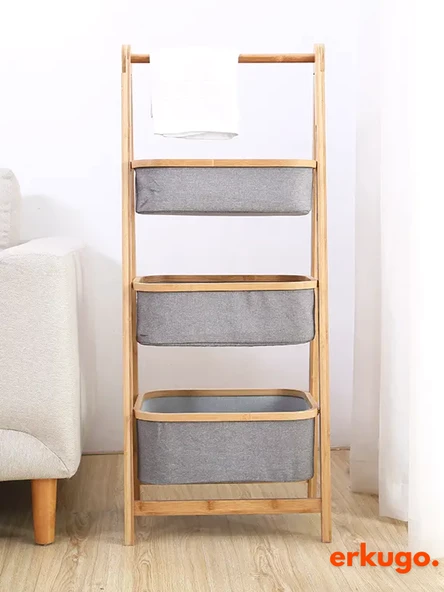 3 Katlı Bambu Katlanır Mutfak, Banyo Organizeri, Patates - Soğan Sepeti, Çamaşır Sepeti Ayaklı Depolama Rafı - 4