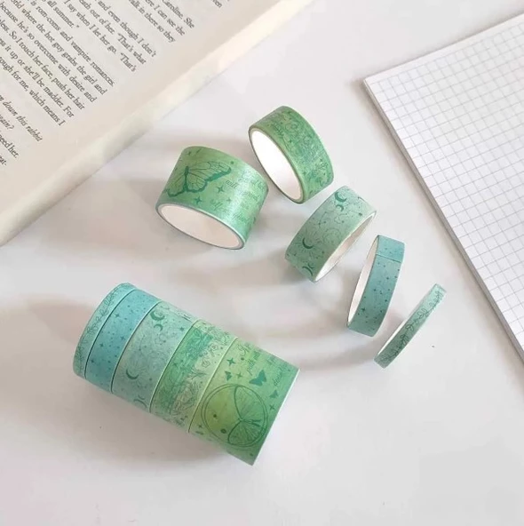 Vintage Washi Tape Bant Baskılı Yapışkanlı Maskeleme Kağıdı, Desenli bant 10 lu - Kelebek Yazı