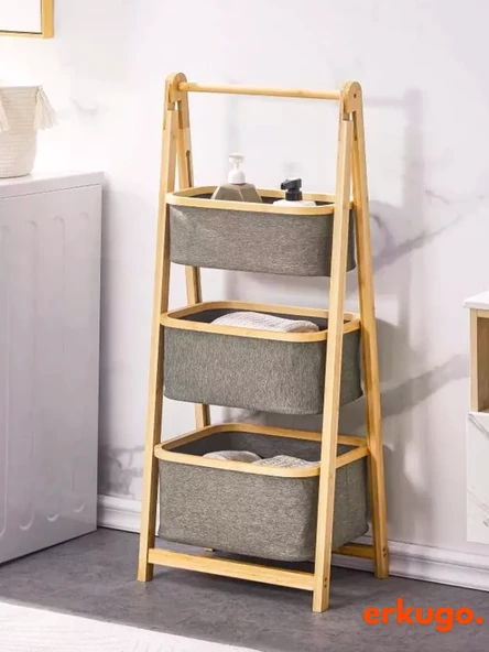 3 Katlı Bambu Katlanır Mutfak, Banyo Organizeri, Patates - Soğan Sepeti, Çamaşır Sepeti Ayaklı Depolama Rafı - 3