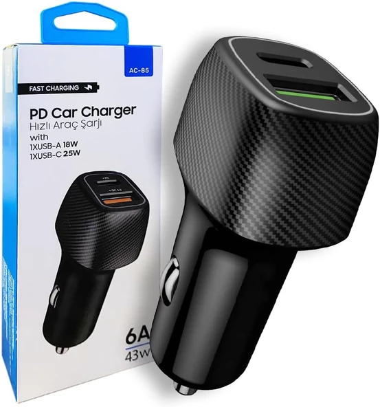 Ac-85 Pd Quick Charge 3.0 Usbx2 6A, 43 Watt, Araç içi Hızlı Şarj Aleti Type C Girişli Araç Şarjı, ACL PD car chrager