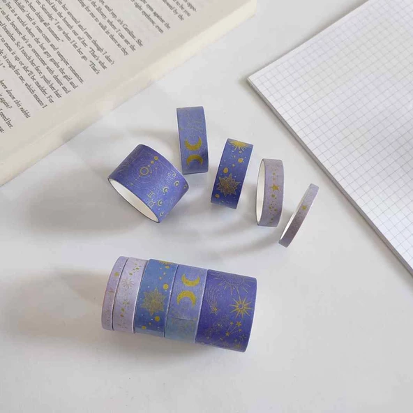 Vintage Washi Tape Bant Baskılı Yapışkanlı Maskeleme Kağıdı, Desenli bant 10 lu - Ay Yıldız Tarot