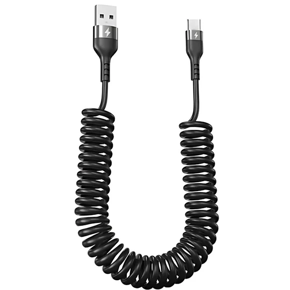 Polham 5A 66W Spiral USB to Type C Şarj ve Data Kablosu,1-1,5 Metre Kısayıp Uzayabilen Elastik Kablo