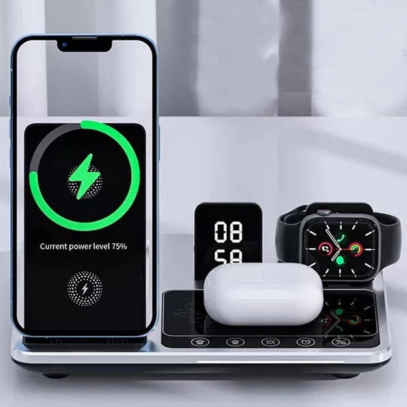 iPhone ile Uyumlu Kablosuz Şarj Cihazı 15W Qc Speed Dock İstasyon Magsafe ile Uyumlu 4in1 Apple Watch ile Uyumlu Şarj Airpods ile Uyumlu Şarj Cihazı Gece Lambası Dijital Saat R11