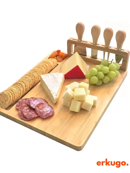 5 Parça Bambu Peynir Sunum Tahtası ve Çatal - Spatula -Mini Spatula  - Bıçak Seti, Peynir Kesim Panosu, Sunum Seti - 4