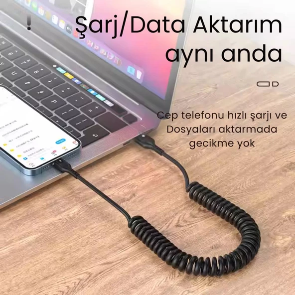 Polham 5A 66W Spiral USB to Type C Şarj ve Data Kablosu,1-1,5 Metre Kısayıp Uzayabilen Elastik Kablo - 3