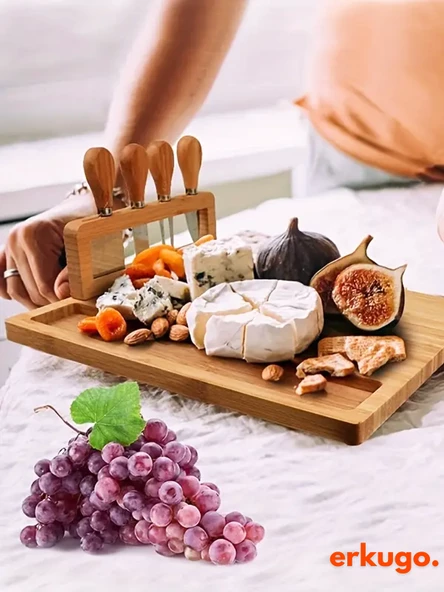 5 Parça Bambu Peynir Sunum Tahtası ve Çatal - Spatula -Mini Spatula  - Bıçak Seti, Peynir Kesim Panosu, Sunum Seti - 2