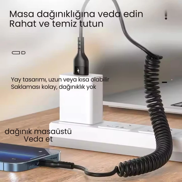 Polham 5A 66W Spiral USB to Type C Şarj ve Data Kablosu,1-1,5 Metre Kısayıp Uzayabilen Elastik Kablo - 4