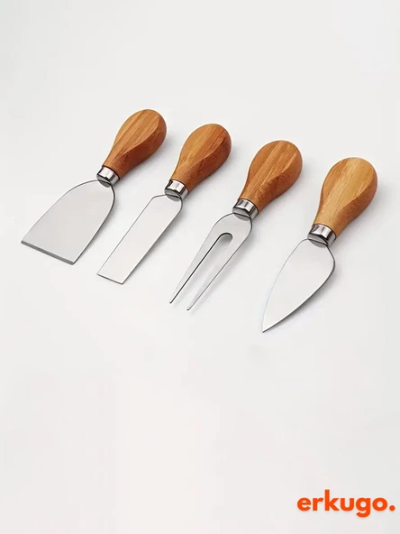 5 Parça Bambu Peynir Sunum Tahtası ve Çatal - Spatula -Mini Spatula  - Bıçak Seti, Peynir Kesim Panosu, Sunum Seti - 5