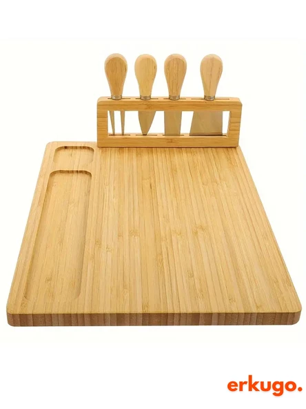 5 Parça Bambu Peynir Sunum Tahtası ve Çatal - Spatula -Mini Spatula  - Bıçak Seti, Peynir Kesim Panosu, Sunum Seti - 3