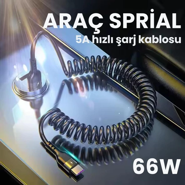 Polham 5A 66W Spiral USB to Type C Şarj ve Data Kablosu,1-1,5 Metre Kısayıp Uzayabilen Elastik Kablo - 2