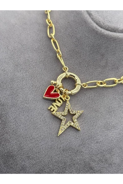 yıldız love ve kırmızı kalp figürlü charm kolye