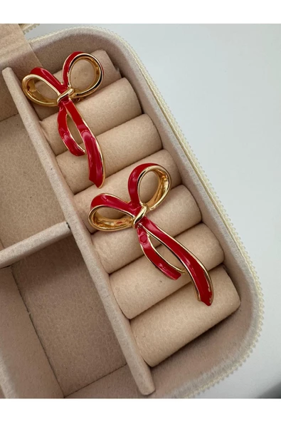 pinterest model gold detaylı kırmızı fiyonk küpe - 2