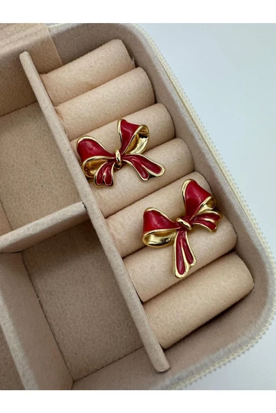 pinterest model gold detaylı kırmızı fiyonk küpe - 3