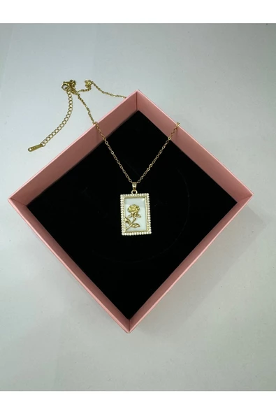 Zirkon taşlı gül fiğürlü çelik tarot kolye