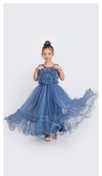 Uzun Etekli , Askılı Kız Cocuk Gül Motif Abiye Elbise M00670 - 8