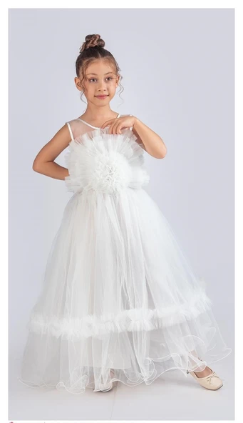 Uzun Etekli , Askılı Kız Cocuk Gül Motif Abiye Elbise M00670 - 3