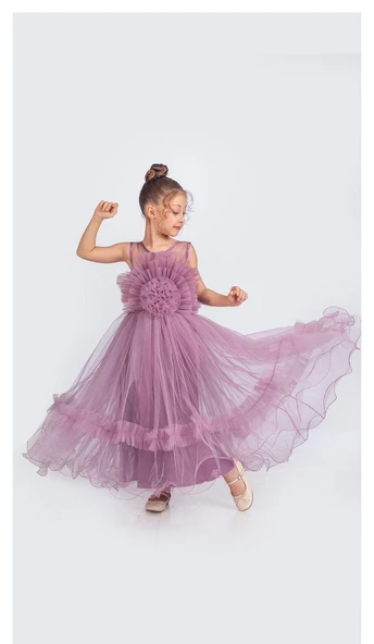 Uzun Etekli , Askılı Kız Cocuk Gül Motif Abiye Elbise M00670 - 2