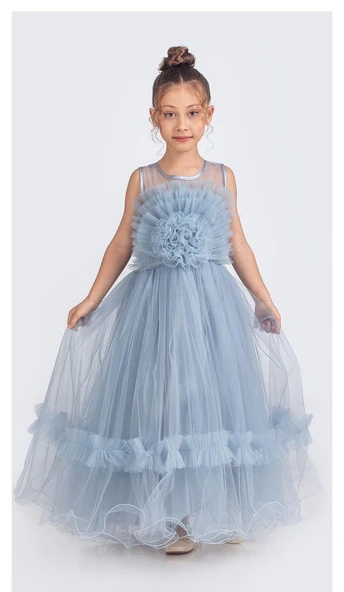 Uzun Etekli , Askılı Kız Cocuk Gül Motif Abiye Elbise M00670 - 6