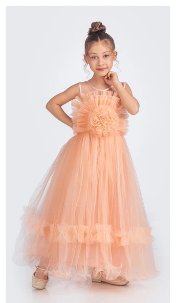 Uzun Etekli , Askılı Kız Cocuk Gül Motif Abiye Elbise M00670 - 4