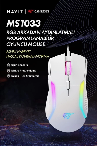 Ms1033 Rgb Uyumlu 8000 Dpı Ayarlanabilir Ağırlıklı Beyaz Gaming Makrolu Oyuncu Mouse