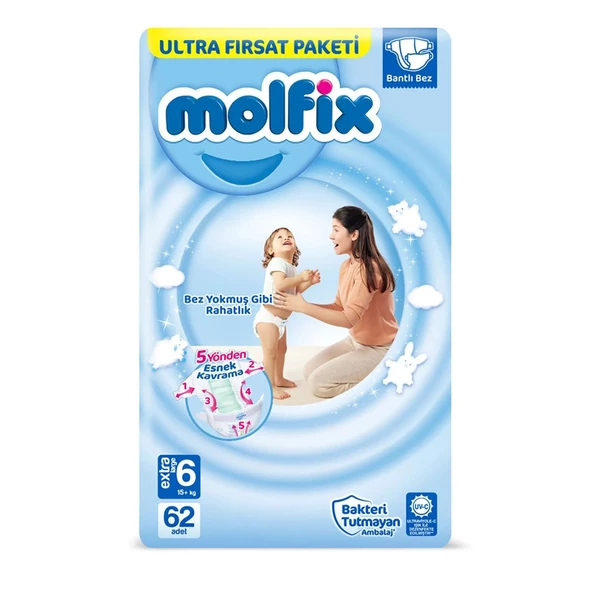 Molfix Bebek Bezi Ultra Fırsat Paketi 6 Beden 15+ Kg 62 Adet