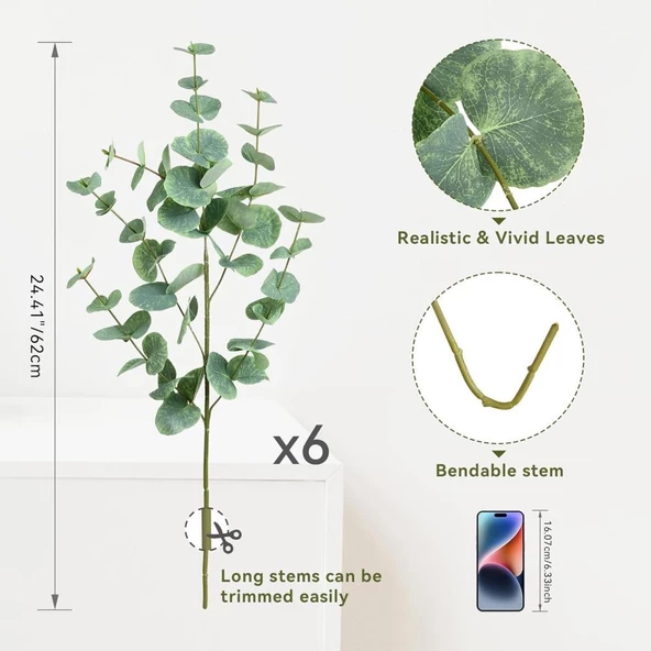 Nettenevime Yapay Çiçek Yeşil Okaliptus 90cm 5Dallı Uzun Dal Eucalyptus - Resim 4