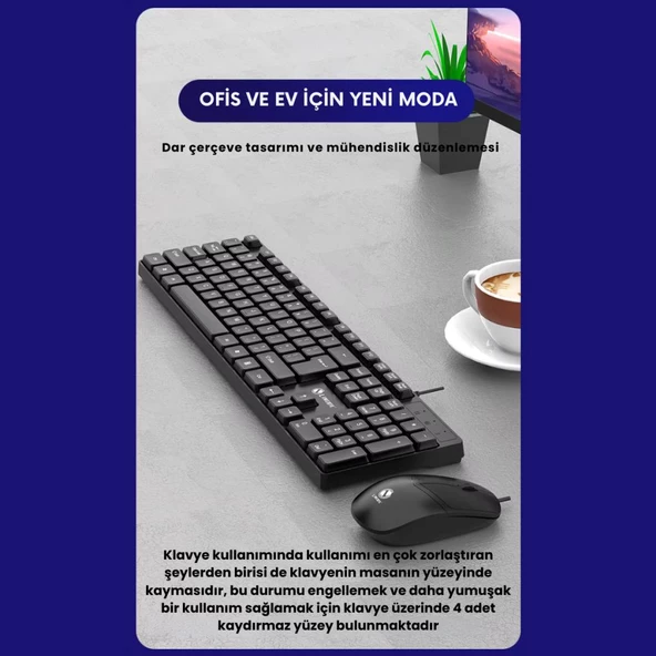Coofbe Sessiz Yumuşak Tuşlu Ofis Bilgisayar Laptop Kablolu Klavye Ve Mouse Seti 104 Tuşlu Q Klavye - 3