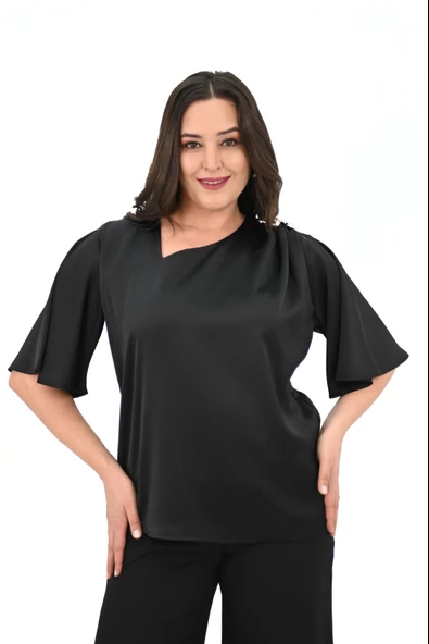 Kadın Büyük Beden Metal Düğme Detaylı Bluz 1862-25 - 10