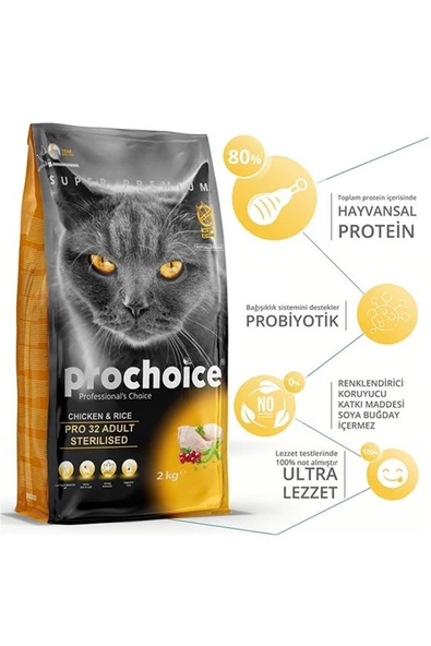 ProChoice Cat Pro 32 Tavuklu Ve Pirinçli Kısırlaştırılmış Kedi Maması 15 Kg - Resim 2