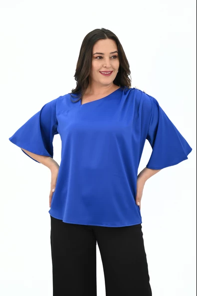 Kadın Büyük Beden Metal Düğme Detaylı Bluz 1862-25 - 4