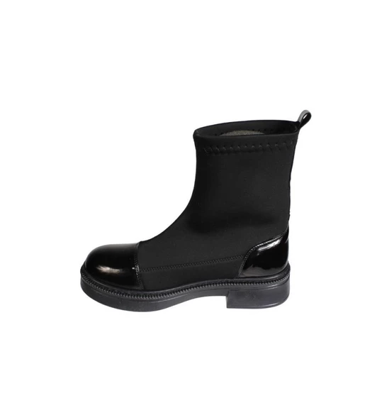 YAZKIŞ Kadın Siyah Streç Önü Rugan 13cm Bilek Boyu Düz Taban  Bot - Resim 3