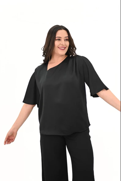 Kadın Büyük Beden Metal Düğme Detaylı Bluz 1862-25 - 11